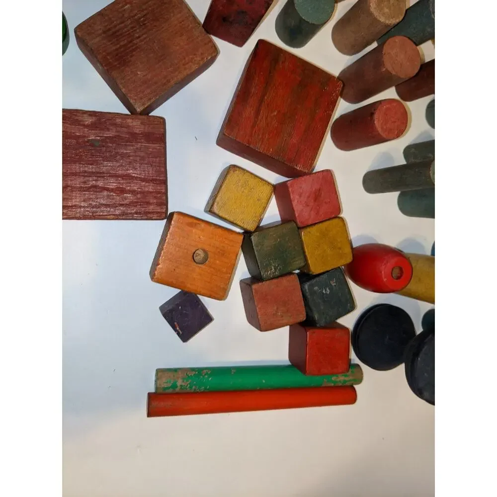 Lot Vintage Antique Children's Wooden Building Blocks Colored Scandinavian Rare